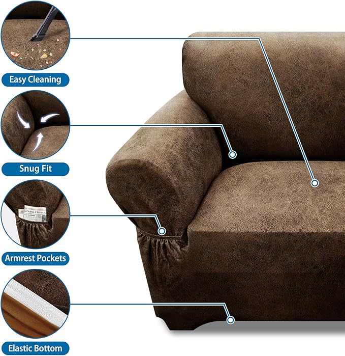Couch Cover Leather Look 3 Seater Couch Sofa Cover 1-Piece Sofa Slipcover Stretch Furniture Protector with Elastic Bottom & Pockets(Sofa, Brown)