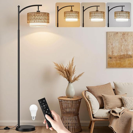 Ambimall Arc Floor Lamp for Living Room with Remote, Color Temperature & Brightness Adjustable, Boho Standing Lamp with Rattan & Fabric Double Drum Shades, Bulb Included(Black)