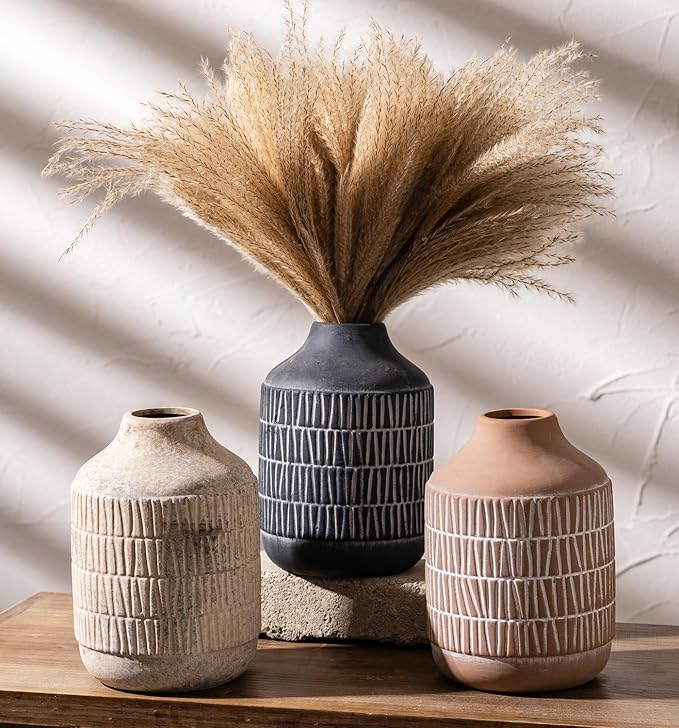 Ceramic Rustic Farmhouse Vase, Boho Pottery Flower vase for Home Decor, Living Room,Entryway, Shelf Decor, Mantel, 7.6 Inch