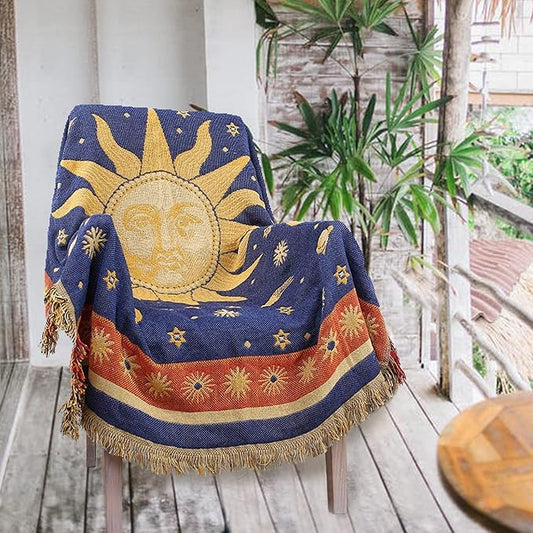 Hippie Throw Blanket Sun Moon Stars Boho Throw Blankets Celestial Tapestry Double-Sided Reversible Woven Cotton Home Decor Bedding Chair Couch Recliner Cover Oversized Tassels Astrology 50"x70"