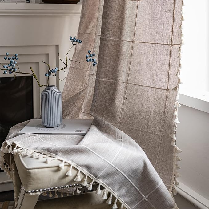 Sutuo Home Boho Curtain for Bedroom 84 Inch Length, Light Filtering Country Farmhouse Vintage Shabby Chic Tassels Window Treatment Bohemian Grid Drape for Decor 1 Panel 52" W x 84" L, Natural Plaids