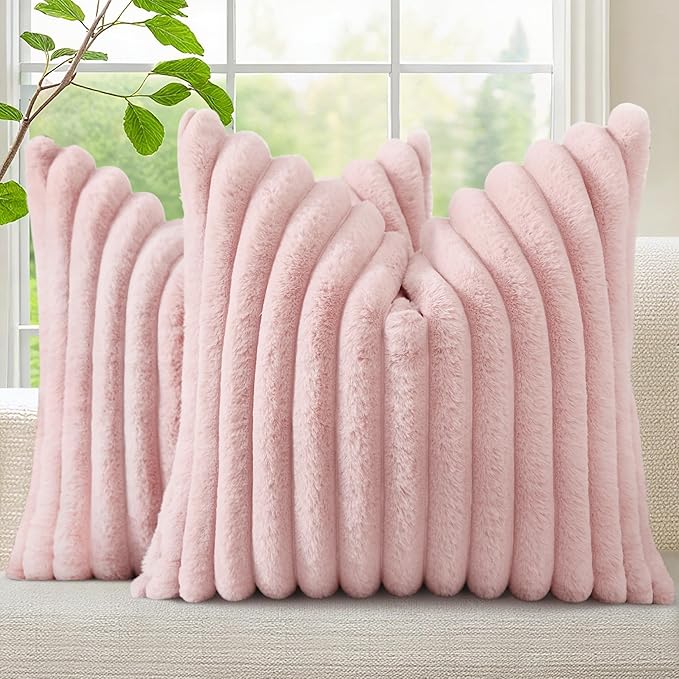 decorUhome Faux Fur Christmas Throw Pillow Covers 24x24 Set of 2, Decorative Soft Plush Striped Neutral Couch Euro Pillow Covers with Velvet Back for Sofa, Bed, Living Room Home Decor, Pink