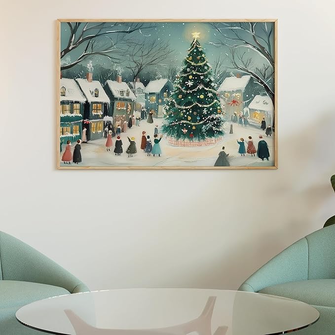 OZCONO Christmas Tree Village Art for Holiday Home Decor, Snowy Winter Town Scene Wall Art, Festive Christmas Gathering Artwork, Cozy Seasonal Winter Interior Decoration (Unframed) (9x11)