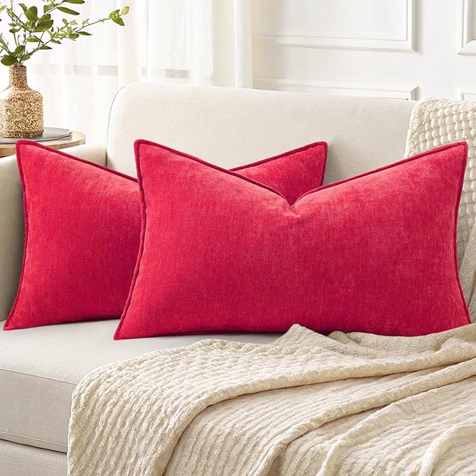 decorUhome Christmas Couch Throw Pillow Covers 12x20 Set of 2, Decorative Soft Euro Velvet Neutral Chenille Lumbar Pillow Covers with Elegant Design for Sofa Bed Living Room Home Decor, Red