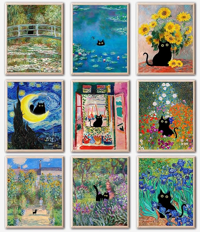 Funny Black Cat Poster Set of 9, Vintage Monet Matisse Van Gogh Black Cat Wall Art Prints, Retro Black Cats in Famous Paintings Posters Prints, Cute Colorful Cats Aesthetic Pictures Wall Decor for Bathroom Bedroom Dorm Home Decor (8x10 UNFRAMED)
