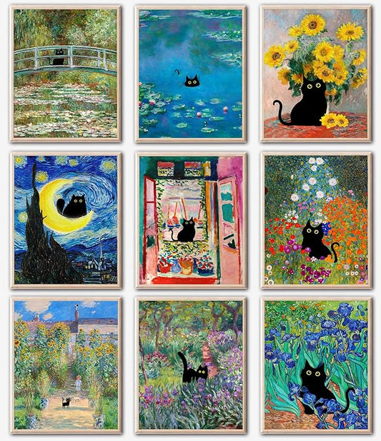 Funny Black Cat Poster Set of 9, Vintage Monet Matisse Van Gogh Black Cat Wall Art Prints, Retro Black Cats in Famous Paintings Posters Prints, Cute Colorful Cats Aesthetic Pictures Wall Decor for Bathroom Bedroom Dorm Home Decor (8x10 UNFRAMED)