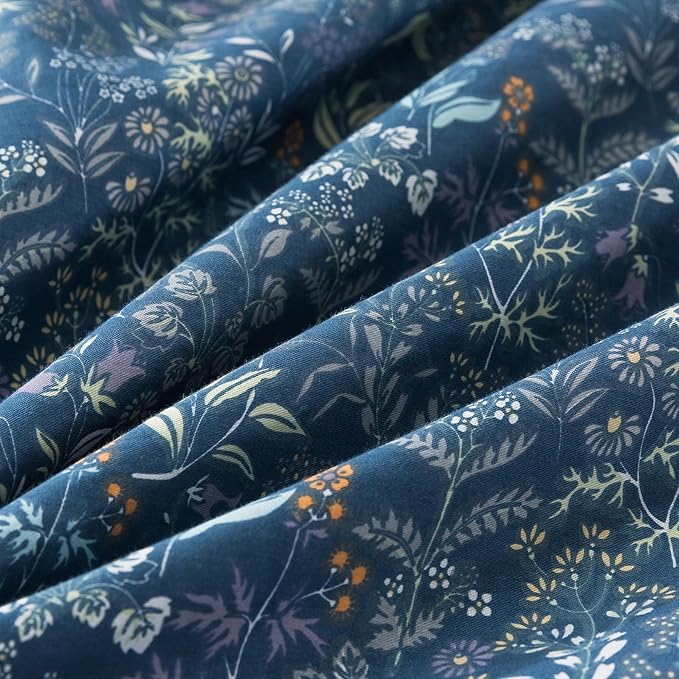 HoneiLife Duvet Cover Sets Twin - 100% Cotton Floral Comforter Cover, 2-PCS Breathable Bedding Set with Zipper Closure & Corner Ties, Wildflower Duvet Cover for All Season Use,Blueblack, King