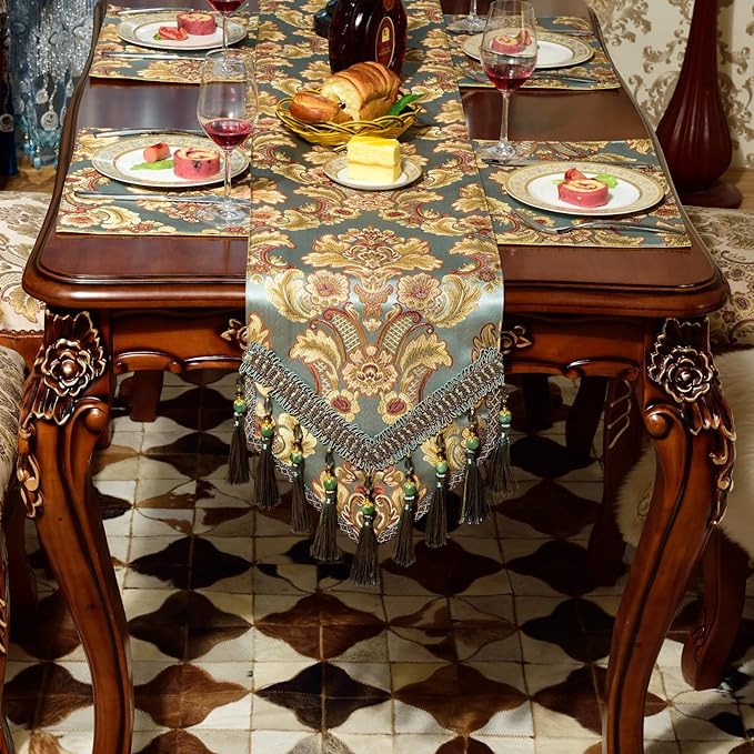 Extra Luxury Velvet Blue Table Runner 120 Inches Long with Vintage Damask Jacquard Design for Dining Room,Living Room,Home Decor,Elegant Beaded Tapestry (Dark Cyan, 13×60 inch)