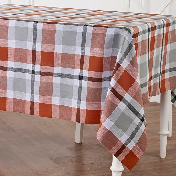 Solino Home Linen Plaid Tablecloth 60 x 108 Inch - 100% Pure Linen Cinnamon Table Cloth for Rectangle Tables - Fall Buffalo Check Machine Washable Tablecloth for Autumn, Holiday, Thanksgiving