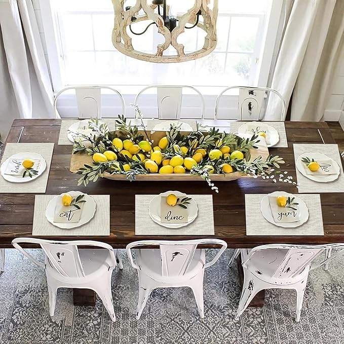 Beige Cloth Placemats Set of 6 - Washable Dining Table Mats Cloth Place Mats for Kitchen Place Mats Rectangle Farmhouse Fall Placemats for Indoors & Outdoors, Easy to Clean 12 x 18 Inch