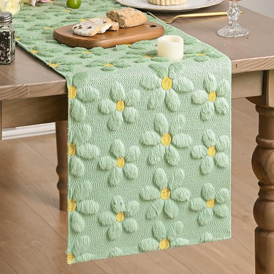 Artoid Mode Green Soft Plush Faux Fur Jacquard Embroidery Daisy Spring Table Runner, Kitchen Dining Table Decoration for Home Party Decor 13x48 Inch