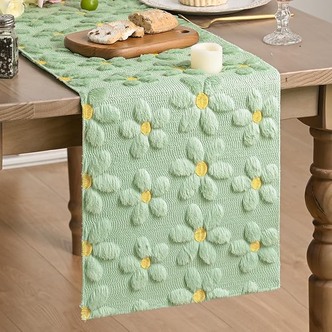 Artoid Mode Green Soft Plush Faux Fur Jacquard Embroidery Daisy Spring Table Runner, Kitchen Dining Table Decoration for Home Party Decor 13x36 Inch