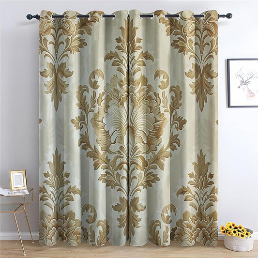 Baroque Damask Curtains for Bedroom, Victorian Ethnic Retro Blackout Curtains 54 Inch Length 2 Panels Set, Renaissance Vintage Window Curtains for Living Room Home Decor, Patterned Grommet Drapes
