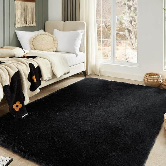 Floralux 5x7 Rug for Bedroom in Black, Ultra-Soft Fluffy Shag Area Rugs for Living Room, Modern Non-Slip Shaggy Floor Carpet for Teens Dorm, Bedside, Playroom, Nursery, Home Decor Aesthetic