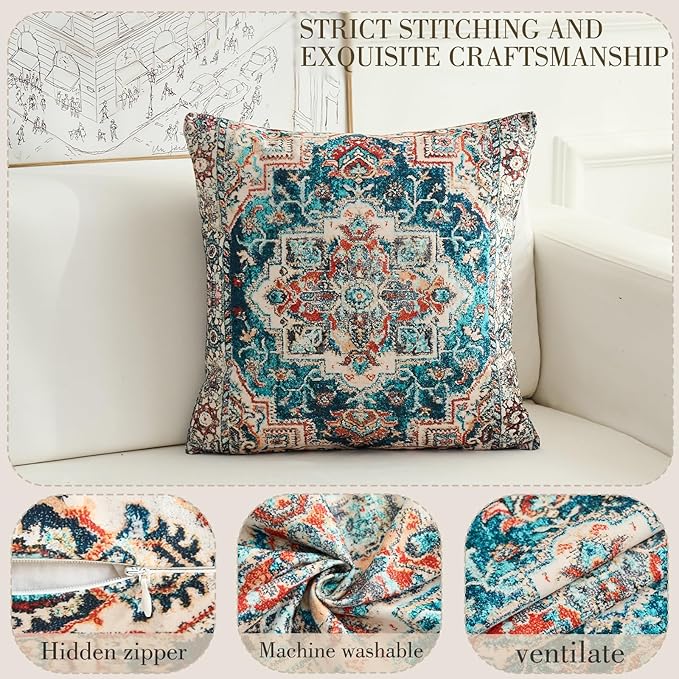Boho Throw Pillow Covers 16x16 inch Set of 2,Boho Vintage Carpet Pattern Antique Ethnic Decor Double Sided Pattern Cushion Cover Soft Pillow Case Living Sofa Room Bed Square Pillow Cover