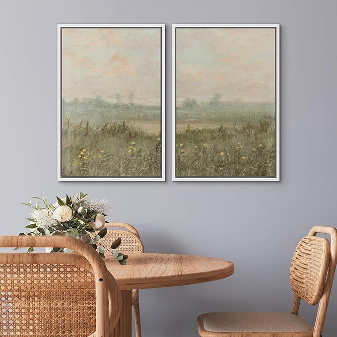 SIGNWIN Framed Wall Art Print Set Serene Meadow at Dawn Soft Impressionist Landscape Illustrations Minimal Decorative Nordic Zen Bohemian for Living Room, Bedroom, Office - 16"x24"x2 White