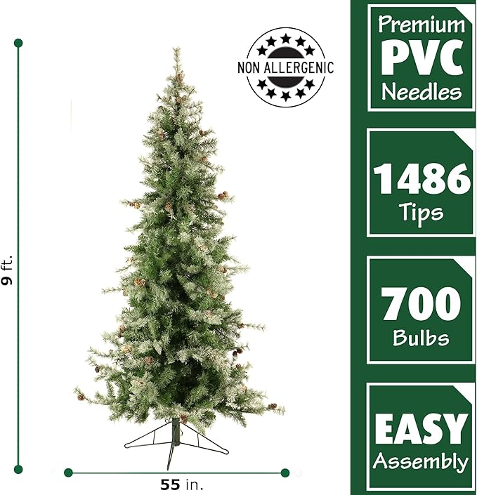 Fraser Hill Farm 9-Ft. Buffalo Fir Slim Artificial Christmas Tree with Dual Multicolor & Warm White LED Lights, Prelit Foldable Fake Tree with Realistic Snowy Foliage and Pinecones for Home