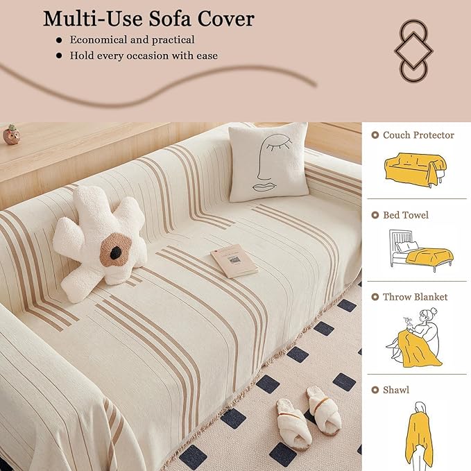 DREAMINGO Couch Cover Reversible Chenille Furniture Protector Sofa Covers for Dogs Pets Beige Coffee Couch Cover for 3 Cushion Couch Sofa Vertical Stripe Jacquard Sofa Slipcover Sectional, 71"x150"