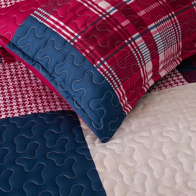DURLENGEN White Quilt Set 3Pcs, Rustic Stonehurst Collection with Red & Navy & White Patchwork Pattern, All Season Lightweight Coverlet Sets(California King 112x104, Red Patchwork)