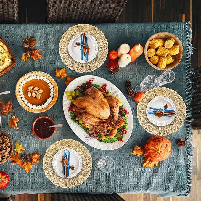 ZOOFOX 12 Pack Round Pressed Vinyl Placemats, 15 Inch Hollow Out Vinyl Dining Table Mats, Non-Slip Heat Resistant Metallic Platemats for Christmas Dinner Holiday Party Wedding Centerpiece Decor