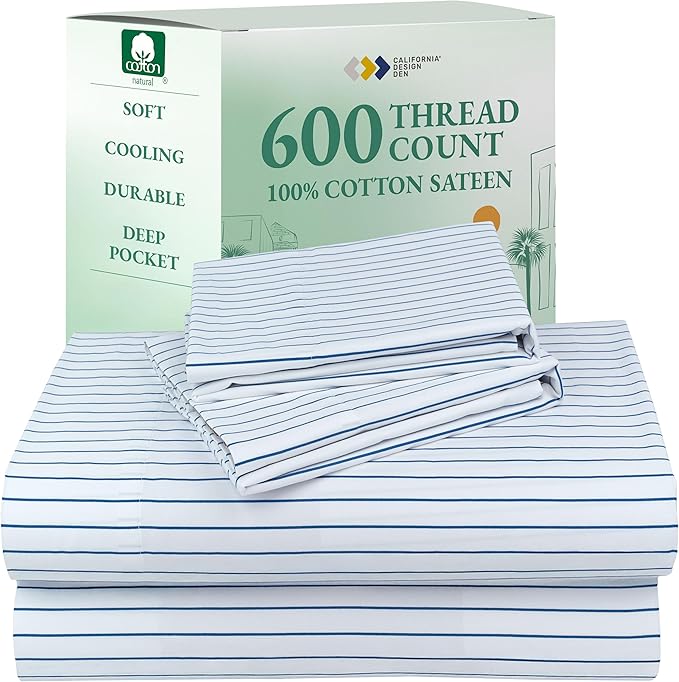 California Design Den Printed Striped Bed Sheets Full Size Set - Luxury 600 Thread Count, 100% Cotton Sateen, Hotel Quality Deep Pocket Full Sheet Set - Classic Blue Stripe Print