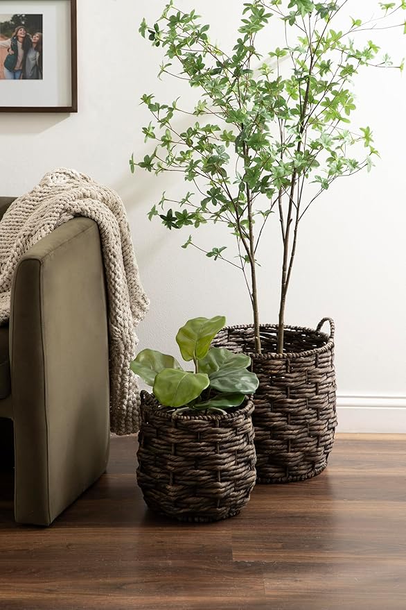 Kate and Laurel Livia Modern Two-Piece Woven Basket Set; 16 x 16 and 13 x 13; Warm Brown Water Hyacinth; Transitional Natural Wicker Baskets for Use as Woven Planters or Living Room Blanket Baskets