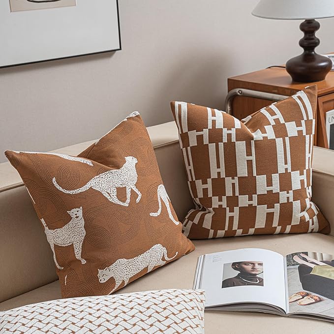 2025 New 22x22'' inches Throw Pillow Cushion Covers - Caramel H Letter Chenille Jacquard Embroidery Luxury Modern Style Couch Sofa Bed Pillow Cover for Living Room Bedroom