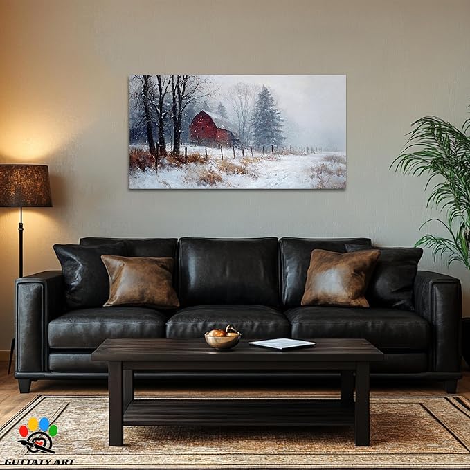 GUTTATY Christmas Winter Scene Canvas Wall Art, Rustic Red Barn Canvas Prints, Snowy Landscape Wall Artwork, Holiday Wall Decor Poster, Cozy Winter Pictures for Living Room, Bedroom, 24x12 Inch