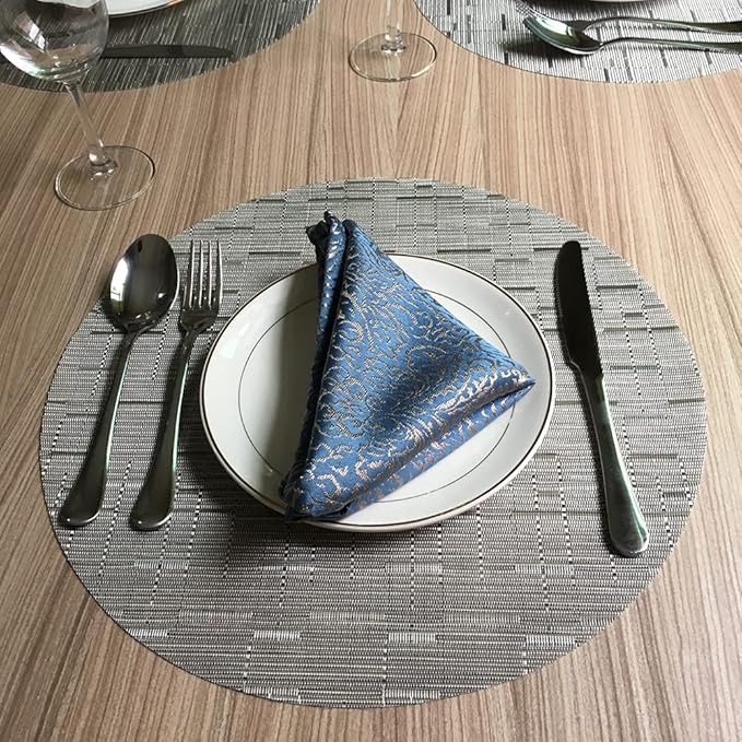 WAZAIGUR Round Placemats Set of 4 Woven Vinyl Easy to Clean Heat Resistant Kitchen Table Mats 15 Inch(Silver Grey 4)