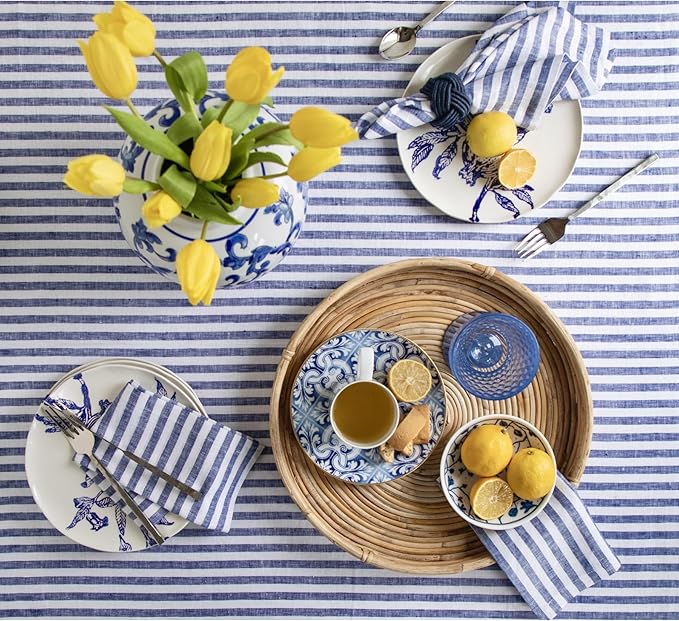 Solino Home Linen Tablecloth 60 x 90 Inch - Amalfi Stripe 100% Pure Linen Navy and White Table Cloth for Rectangle Tables - Machine Washable Tablecloth for Autumn, Thanksgiving, Christmas, Winter