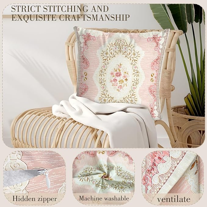 Boho Floral Throw Pillow Covers 16x16 inch Set of 2,Pink Boho Rug Geometric Floral Pattern Decor Double Sided Pattern Cushion Cover Soft Pillow Case Living Sofa Room Bed Square Pillow Cover
