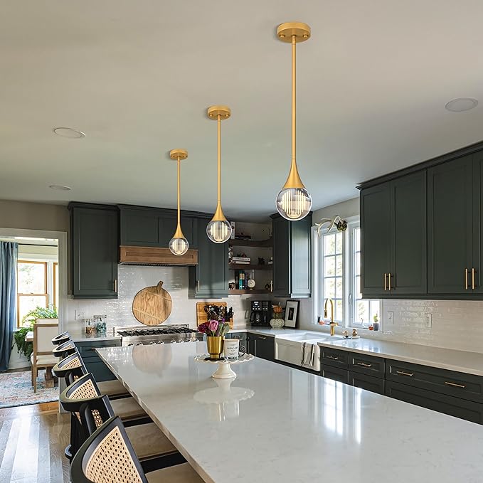 2-Pendant Lights Kitchen Island, Painted Gold Globe Crystal Ceiling Hanging Light Fxitures, LED Light Fixtures Metal Rod Ceiling Glass Pendant Lighting for Kitchen Island Dining Room Bar