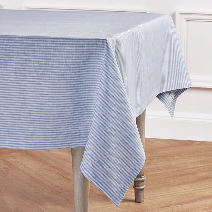 Solino Home Linen Tablecloth 60 x 132 Inch - Narrow Stripe 100% Pure Linen Cornflower Blue and White Table Cloth for Rectangle Tables - Machine Washable Tablecloth