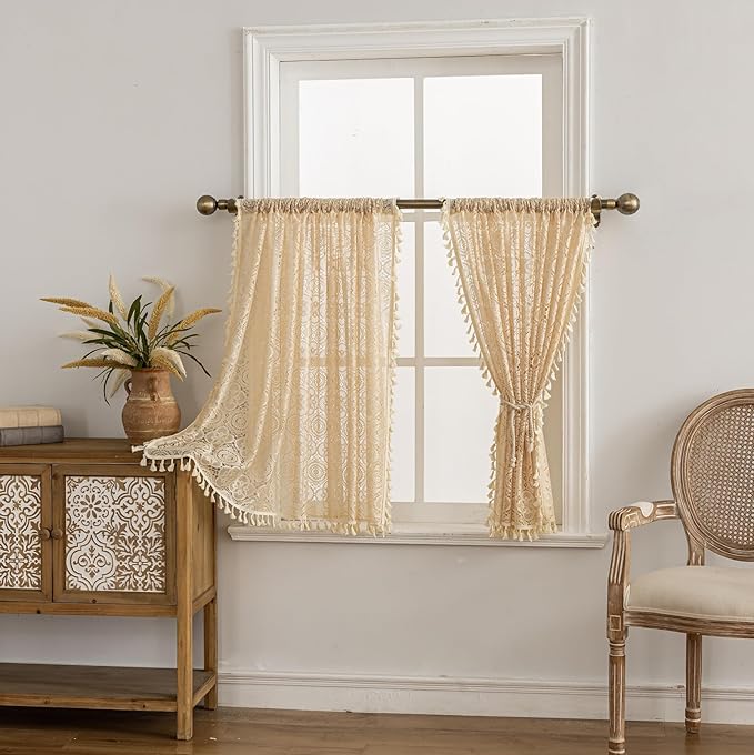 YJ YANJUN Boho Kitchen Window Curtains Over Sink 2 Panels,Each 59" W x 36" L, Beige Crochet Cafe Curtains 36 inch Length Country Short Tassel Curtain Panels for Laundry Room Basement Bathroom Kitchen
