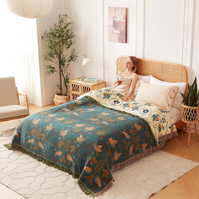 Queen Throw Blanket for Bed 100% Cotton Boho Ultra Soft Quilt Birds and Floral Double Embroidery Fall Queen Bed Blanket Bedspread,90" x 90" All Season Blankets for Bedding Couch