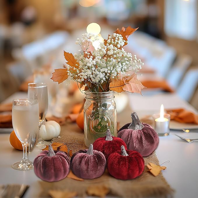 12pcs Velvet Fake Pumpkins Fall Decor Faux Small Foam Fabric Pumpkin for Autumn Table Centerpiece Party Farmhouse Harvest Thanksgiving (Burgundy/Mulberry)