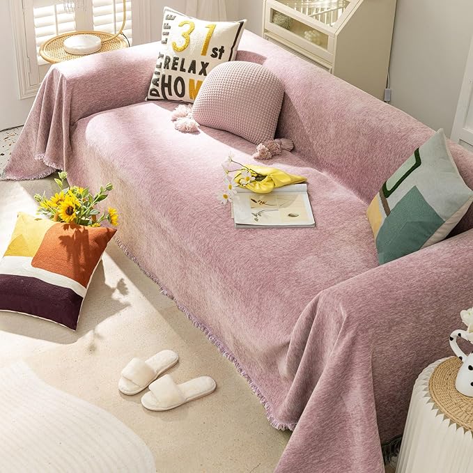 VClife Chenille Couch Cover, Purple Couch Covers for Sectional Sofa, Non Slip Dog Couch Cover for 3 Cushion Sofa, Washable Couch Slipcover Furniture Protector, 71''x150''