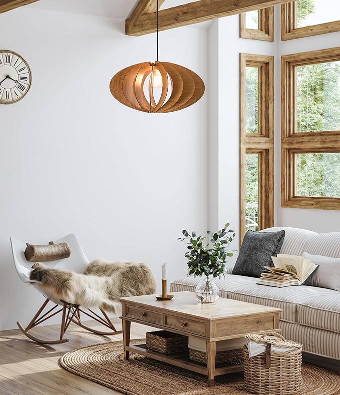 DEZAART Wooden Pendant Light – Handmade Mid-Century Style Fixture / 1m Cord / E27 / Warm Lighting for Earthy Bedrooms, Modern Dining, or Cozy Home Interiors