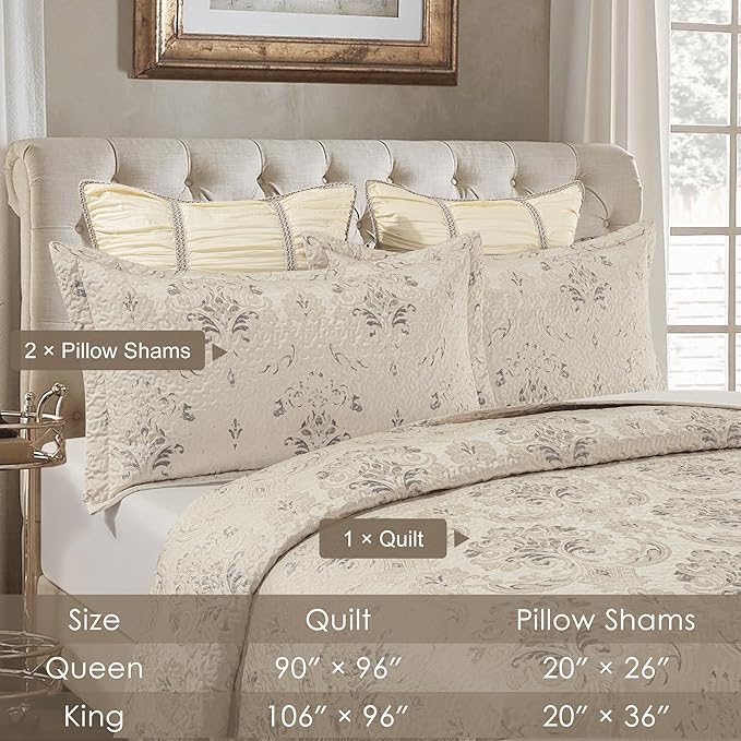 Loom and Mill Luxury Quilt Set 3 Piece, Elegant Floral Quilted Bedspread King Size with 2 Shams, Soft Lightweight Jacquard Bedding Coverlet Set for Christmas All Season (Light Apricot, King)