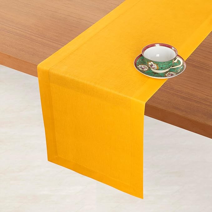 D'Moksha Homes Linen Table Runner 54 Inches - 100% Pure Linen Sunflower Yellow Table Runner 14 x 54 Inch for Dresser, Coffee Tables, Fall, Thanksgiving, Holiday - Machine Washable