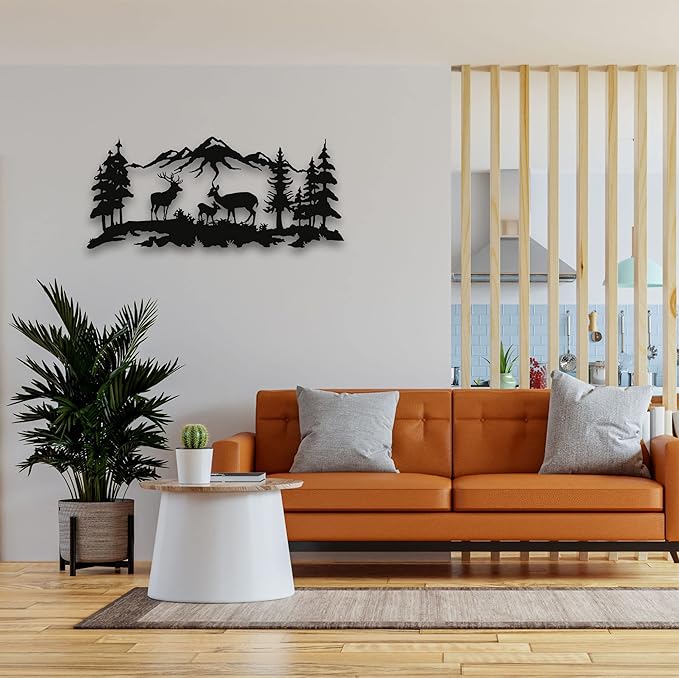 Metal Wall Art, Deer Family Wall Art, Metal Tree Decor, Wall Decor, Interior Decoration, Wall Hangings (24"W x 10"H / 60x26 cm)