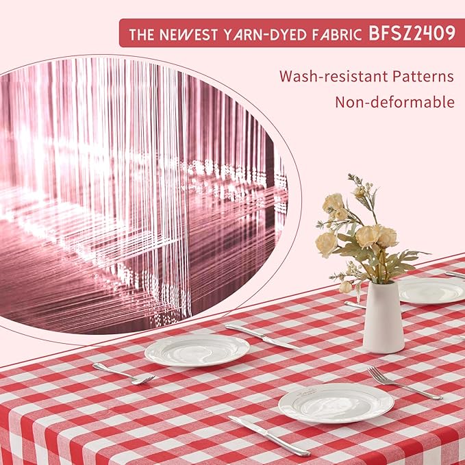 BALCONY & FALCON Rectangle Gingham Table Cloth – Water-Resistant Cotton Blend, Spill-Proof & Washable Checkered Tablecloth for Kitchen, Dining, Picnic, Party (Red White, 55x71 Inch)