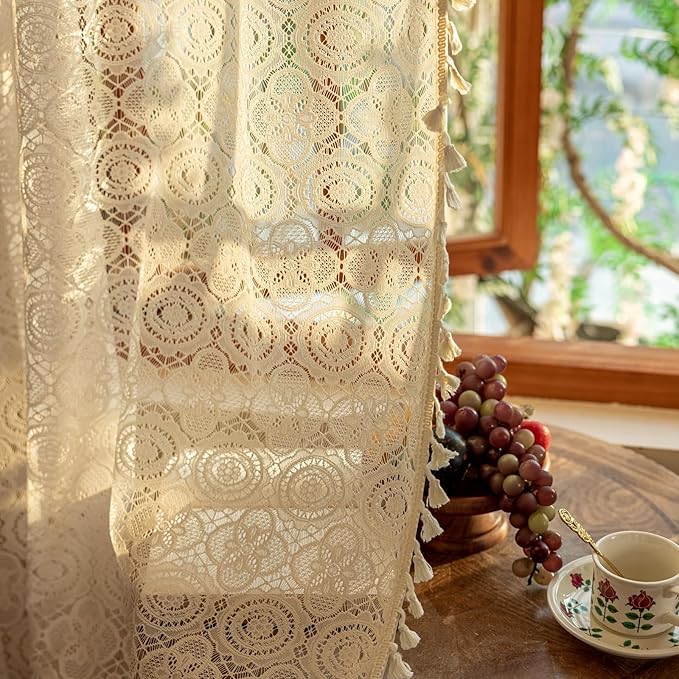 YJ YANJUN Boho Lace Curtains 84 Inches Long 2 Panels Retro Crocheted Cottagecore Curtains with Tassel for Living Room Romantic Rustic Bohemian Farmhouse Drapes for Closet Door Beige/Linen W59 x L84