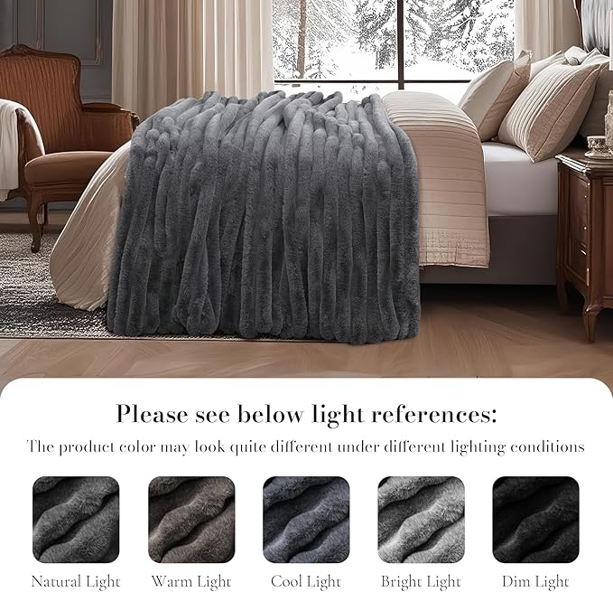 Amélie Home Faux Fur Throw Blanket for Couch, Ultra Cozy Fuzzy Fluffy Fur Luxurious Soft Striped Plush Gift Blankets for Family Sofa Chair Bedroom, 60"x80", Cationic Wolf Gray