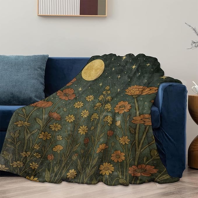 Moon and Wildflower Blanket Gifts for Women Girls Kids, Soft Warm Lightweight Flannel Boho Floral Night Sky Throw Blankets for Bedroom Living Room Home Sofa Home Camping Decor 60" x 80"