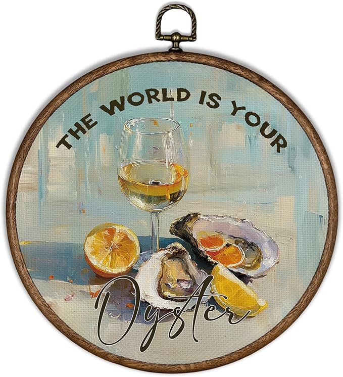 XBBMGG Coastal Oyster Lemon Wall Art Decor, Vintage Seashell Champagne Round Wall Hanging Decor, Nautical The World is Your Oyster Framed Canvas Prints for Kitchen Dining Room Decorations, 10x10inch