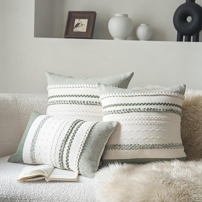 Boho Throw Pillow Covers 20x20 Inch Set of 2, Green Textured Decorative Couch Pillow Cases for Farmhouse Home Decor, Accent Cushion Cover for Sofa, Bed, Living Room, Bedroom
