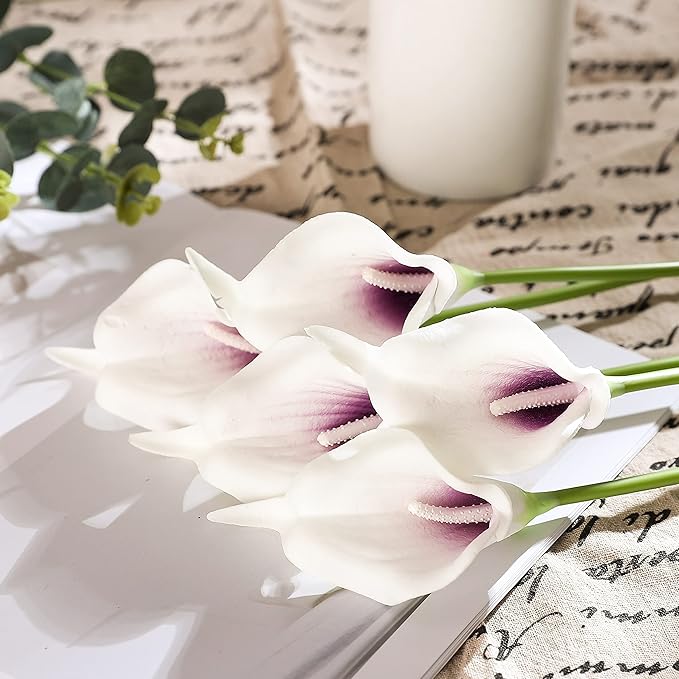 Duovlo 20pcs Calla Lily Bridal Wedding Bouquet Lataex Real Touch Artificial Flower Home Party Decor (Purple in White)