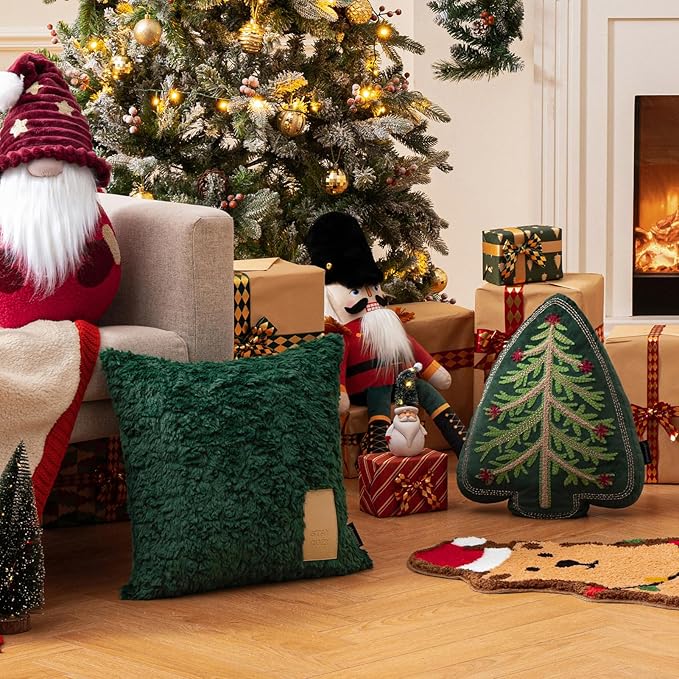 Phantoscope Merry Christmas Tree Decorative Throw Pillow, Velvet Beads Embroidery 3D Shaped Cushion, Green, 18 x 14 in