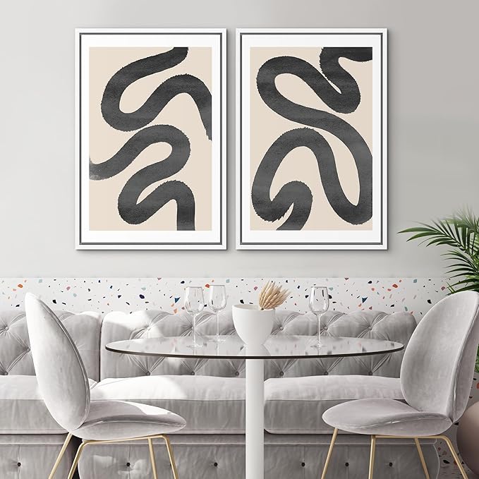 SIGNWIN Framed Wall Art Print Set Black Squiggly Lines Over Tan Background Abstract Swirly Digital Art Modern Art Mid-Century Modern Expressive for Living Room, Bedroom, Office - 24"x36"x2 White
